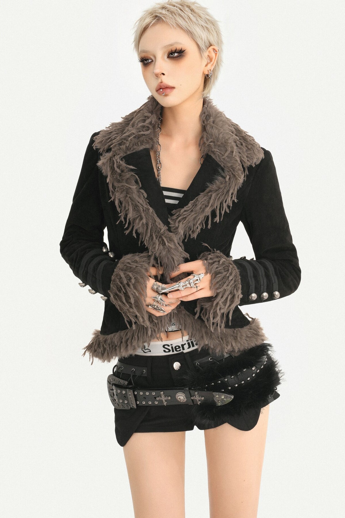 Retro Punk Black Fur Collar Jacket