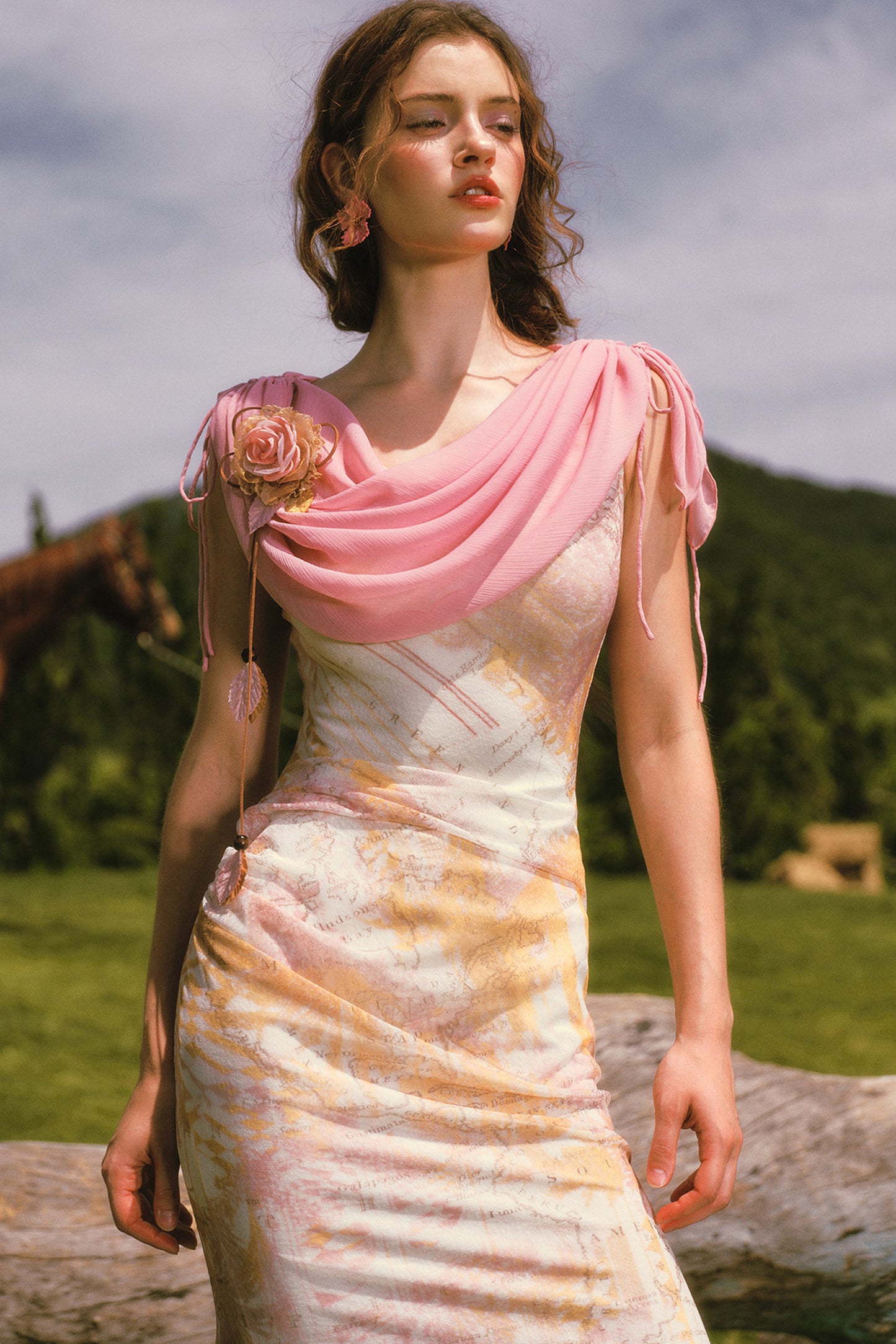 Long Floral Draped Collar Dress Set-Up