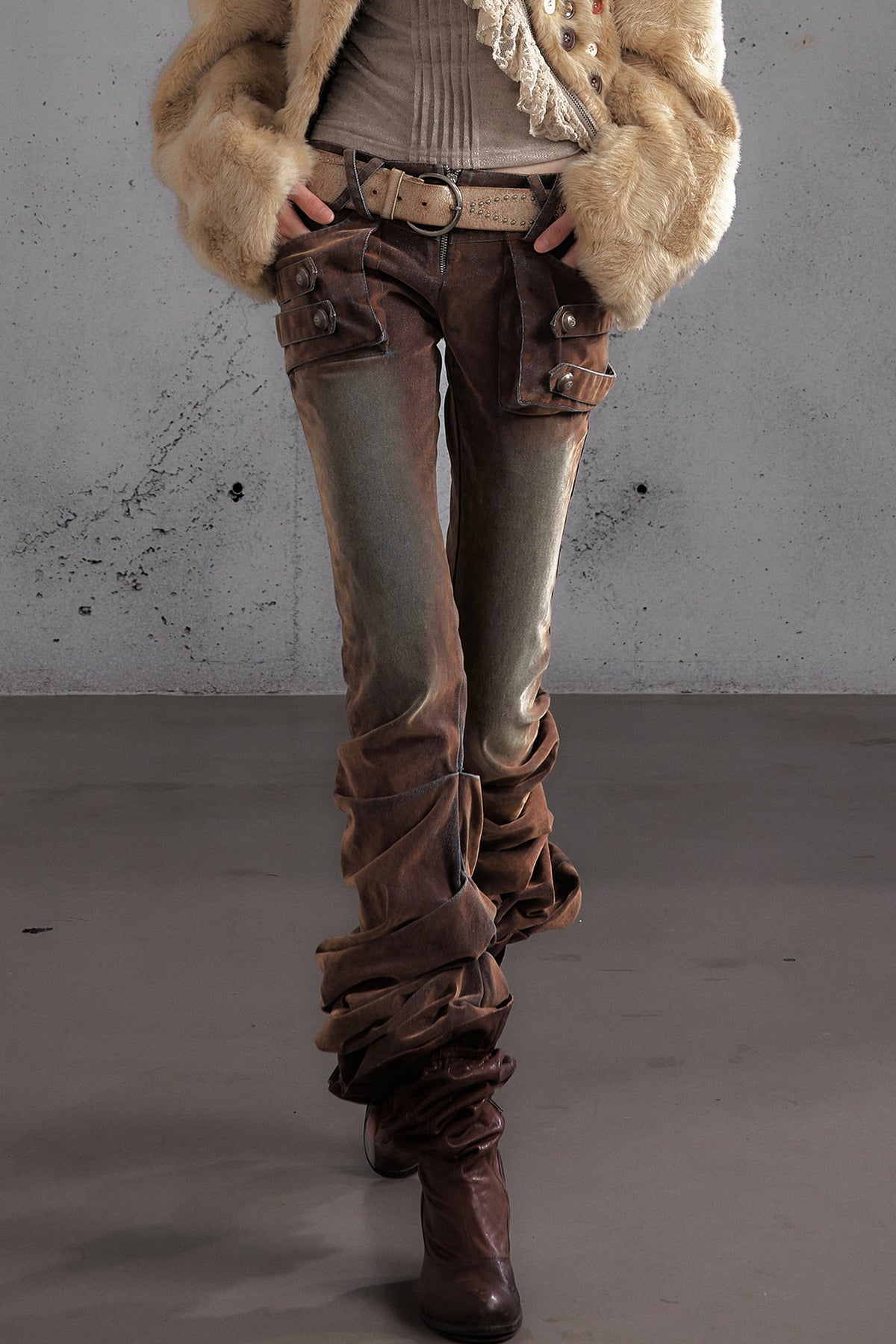 Punk Flocked Ruched Low-Waist Curved Leg Jeans