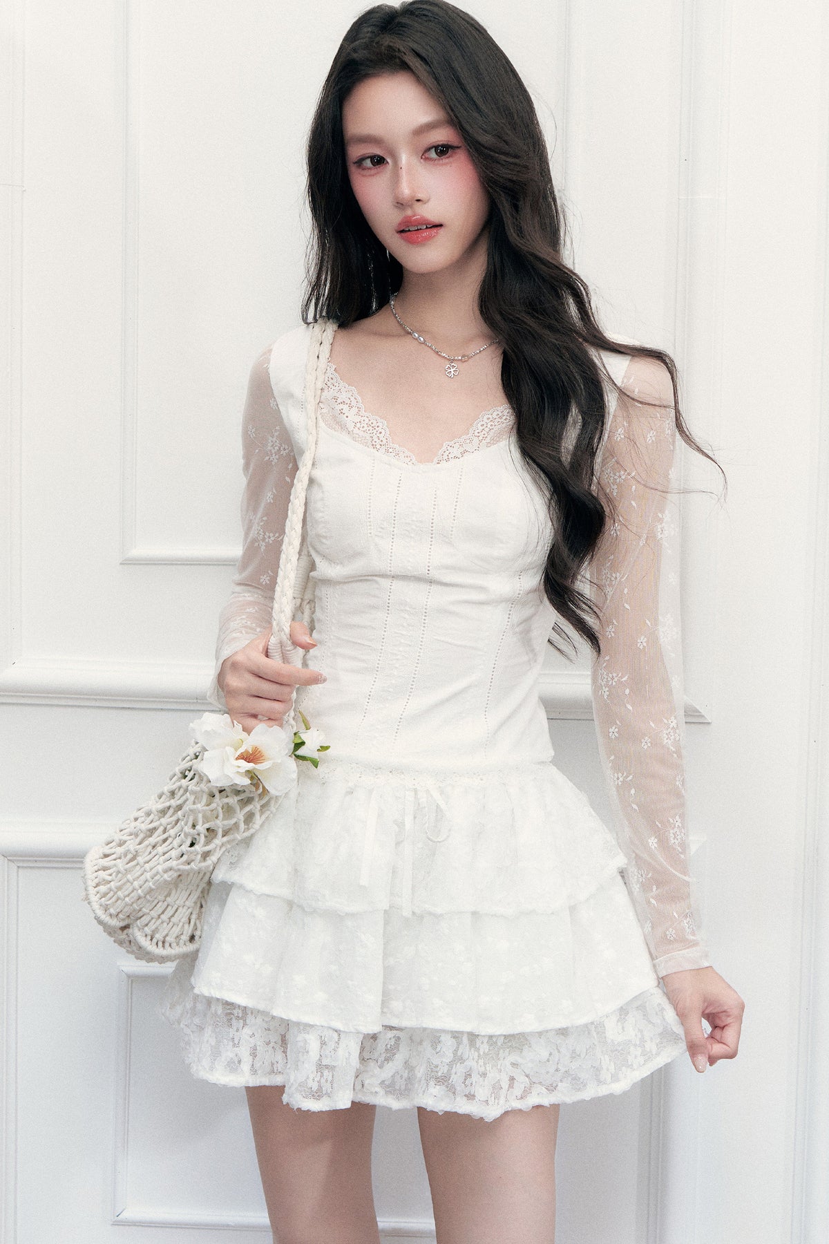 Lace Embroidered Top and Skirt Set-Up