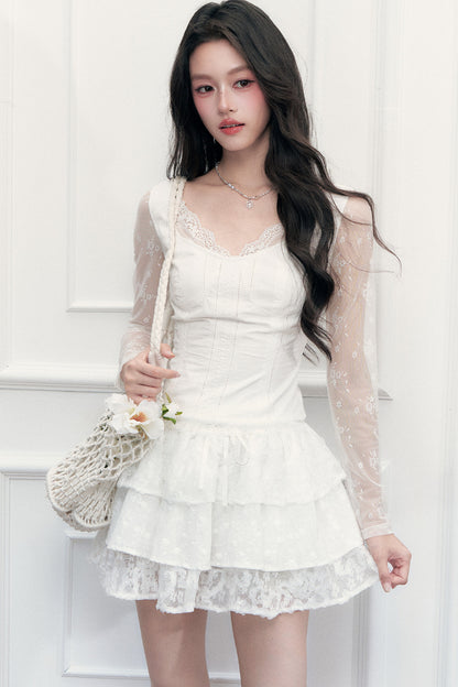 Lace Embroidered Top and Skirt Set-Up