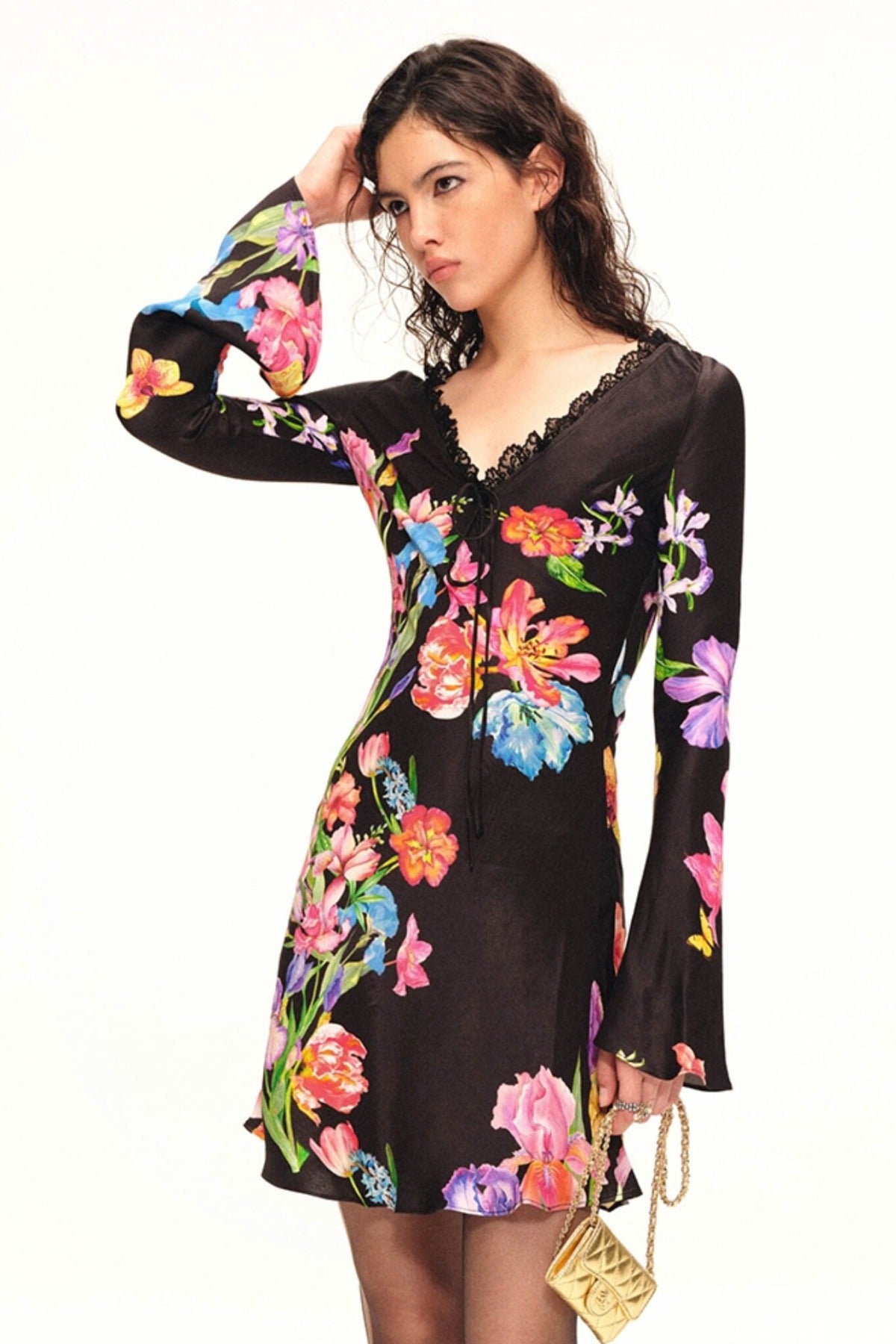 Floral Rayon V-Neck Bell Sleeve Dress