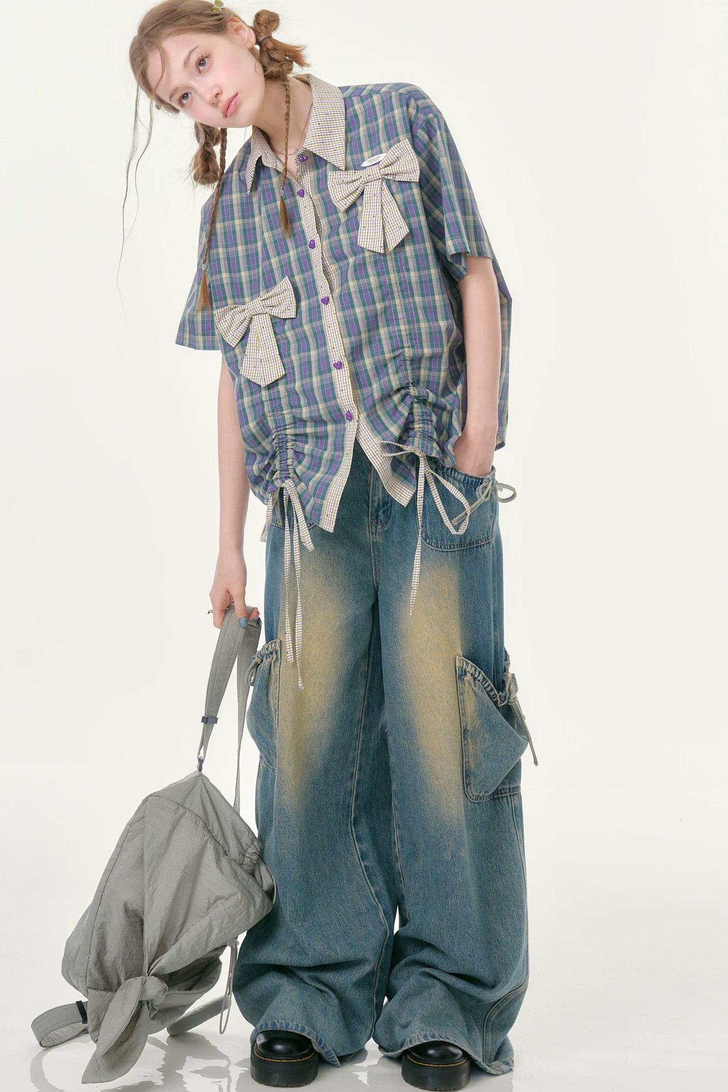 Purple Green Plaid Bow Drawstring Shirt