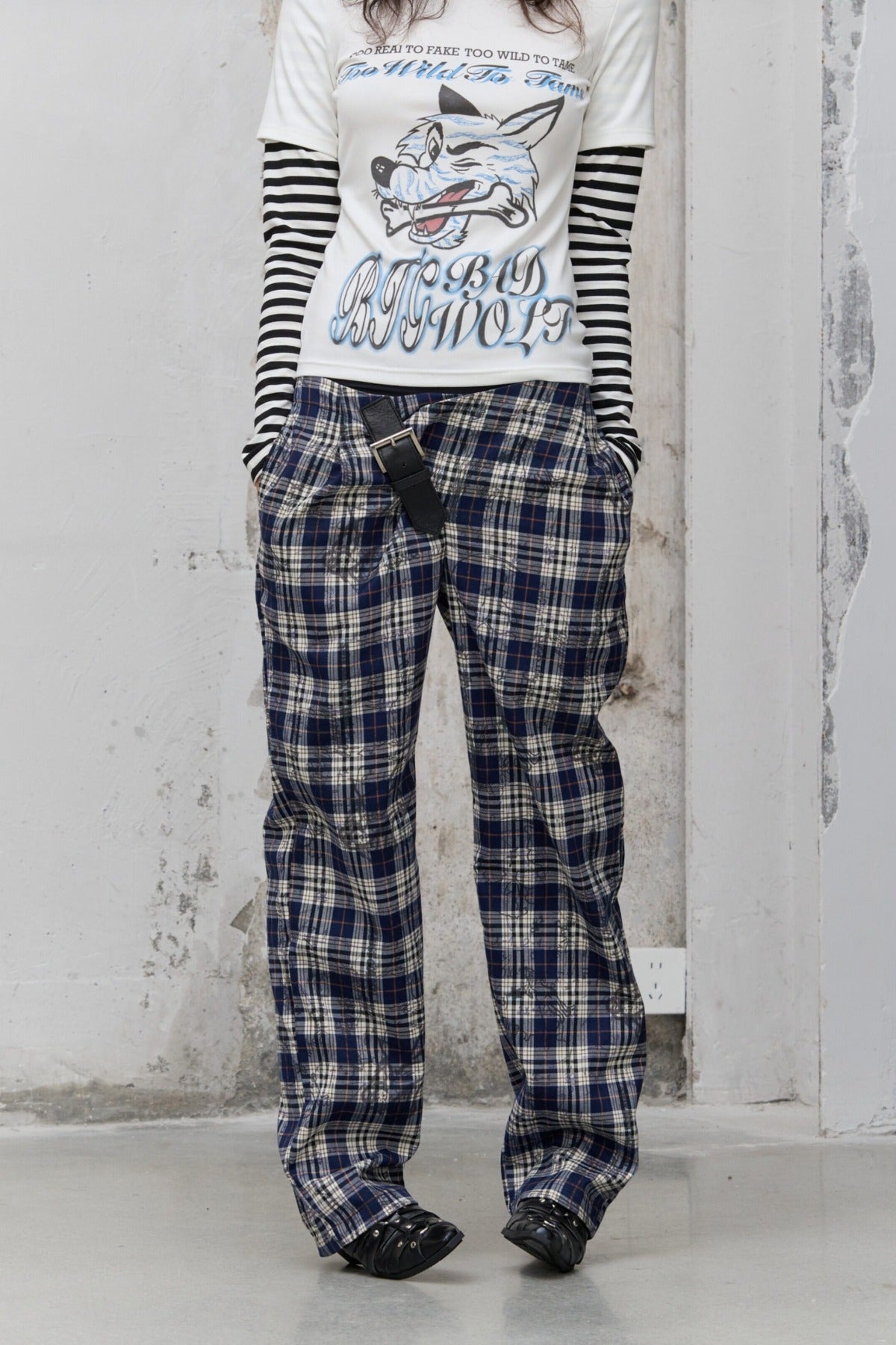 Pleated Plaid Graffiti Trousers