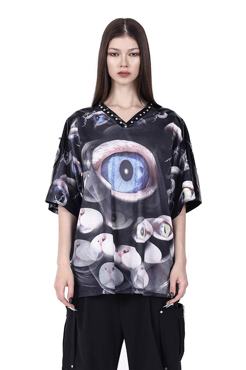 Cat Eye Patchwork Rivet V-Neck T-shirt