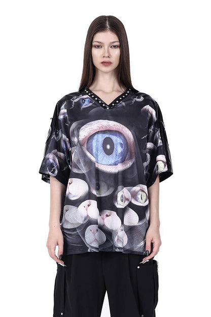Cat Eye Patchwork Rivet V-Neck T-shirt