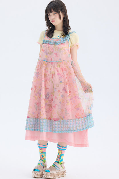 Robe en résille à bretelle asymétrique avec imprimé lapin rose