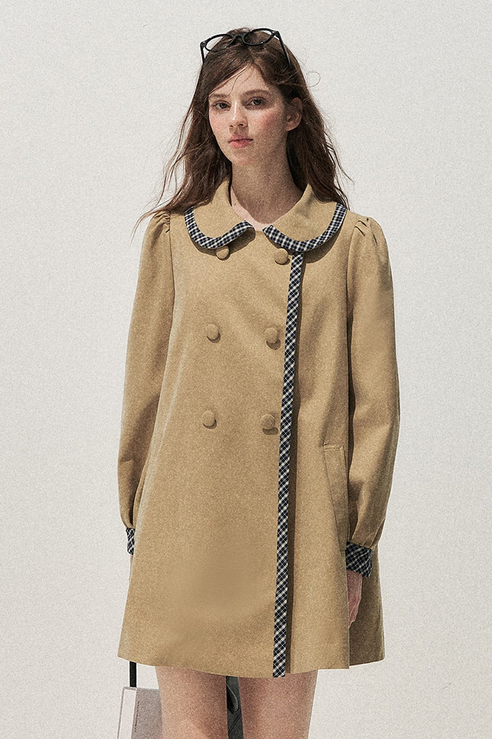 Doll Collar Double-Breasted Plaid Trench Coat