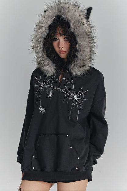 Spider Web Print Hooded Cat Ear Jacket