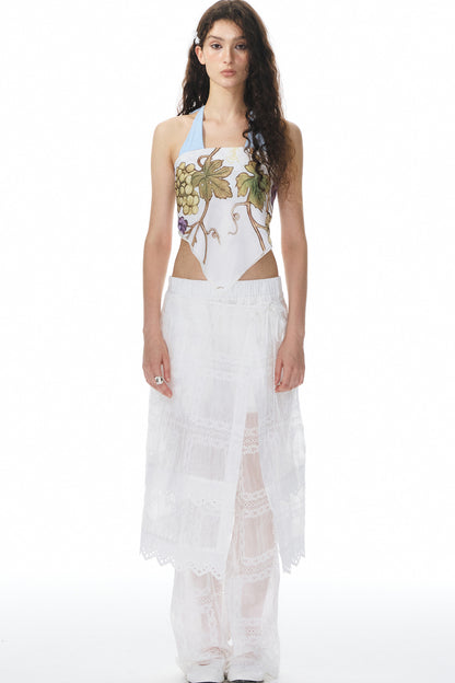 White Jacquard Lace Trim Long Pants