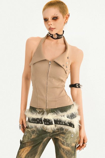 Lapel Zipper Sleeveless Vest