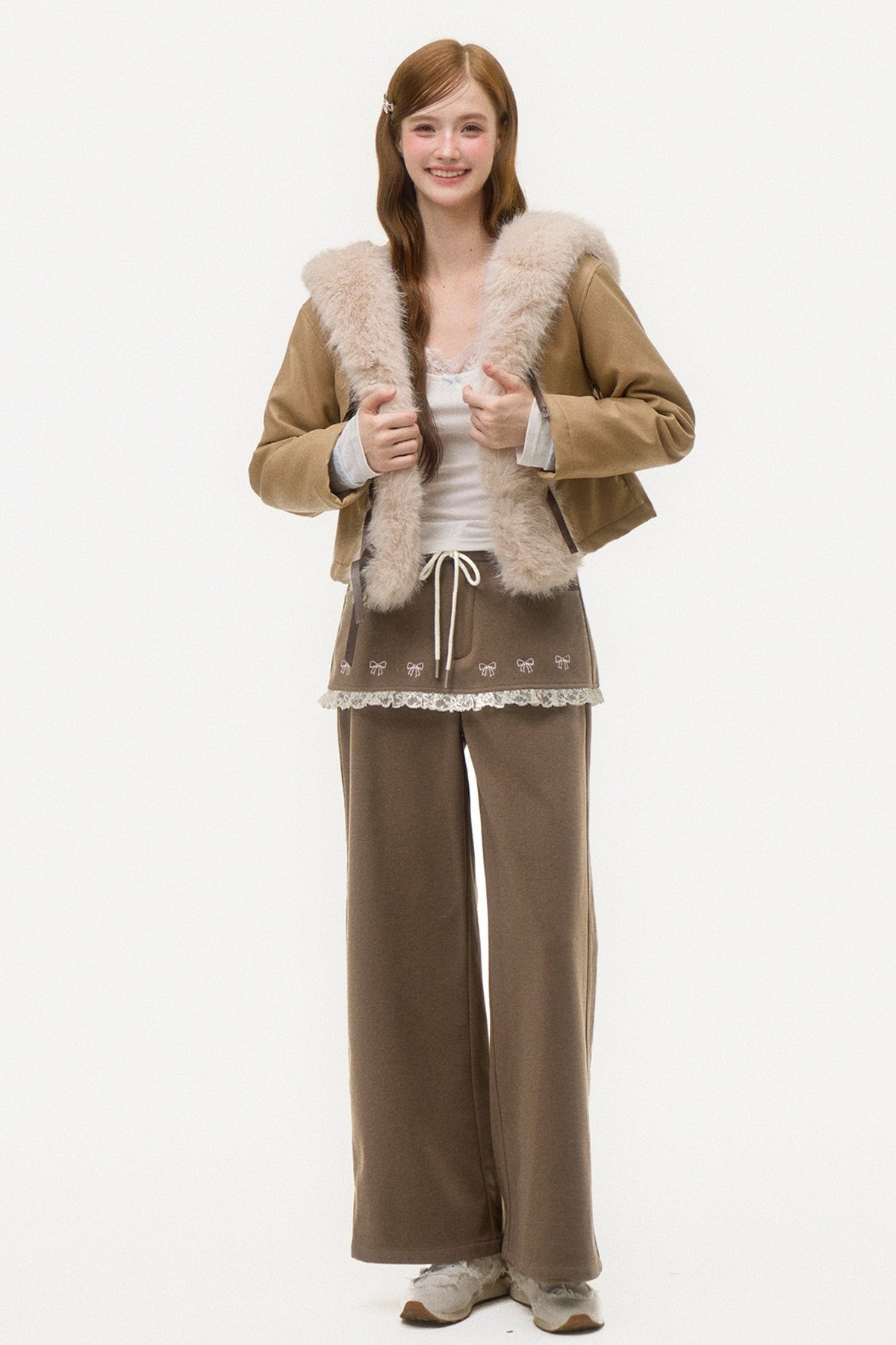 Bow Embroidered Layered-Look Pants