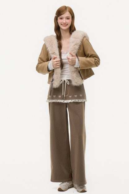 Bow Embroidered Layered-Look Pants