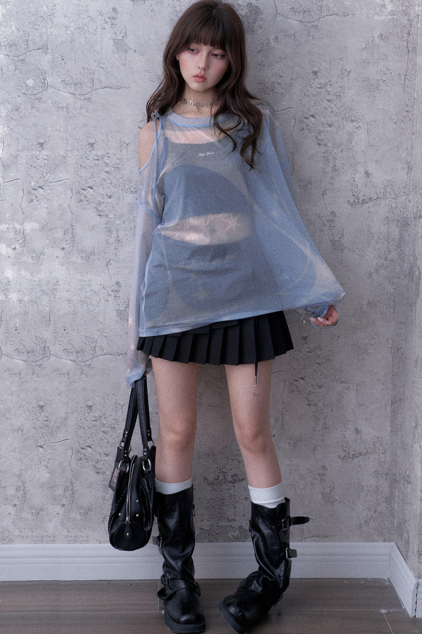 Blue Sparkling Mesh Sweatshirt Style Top