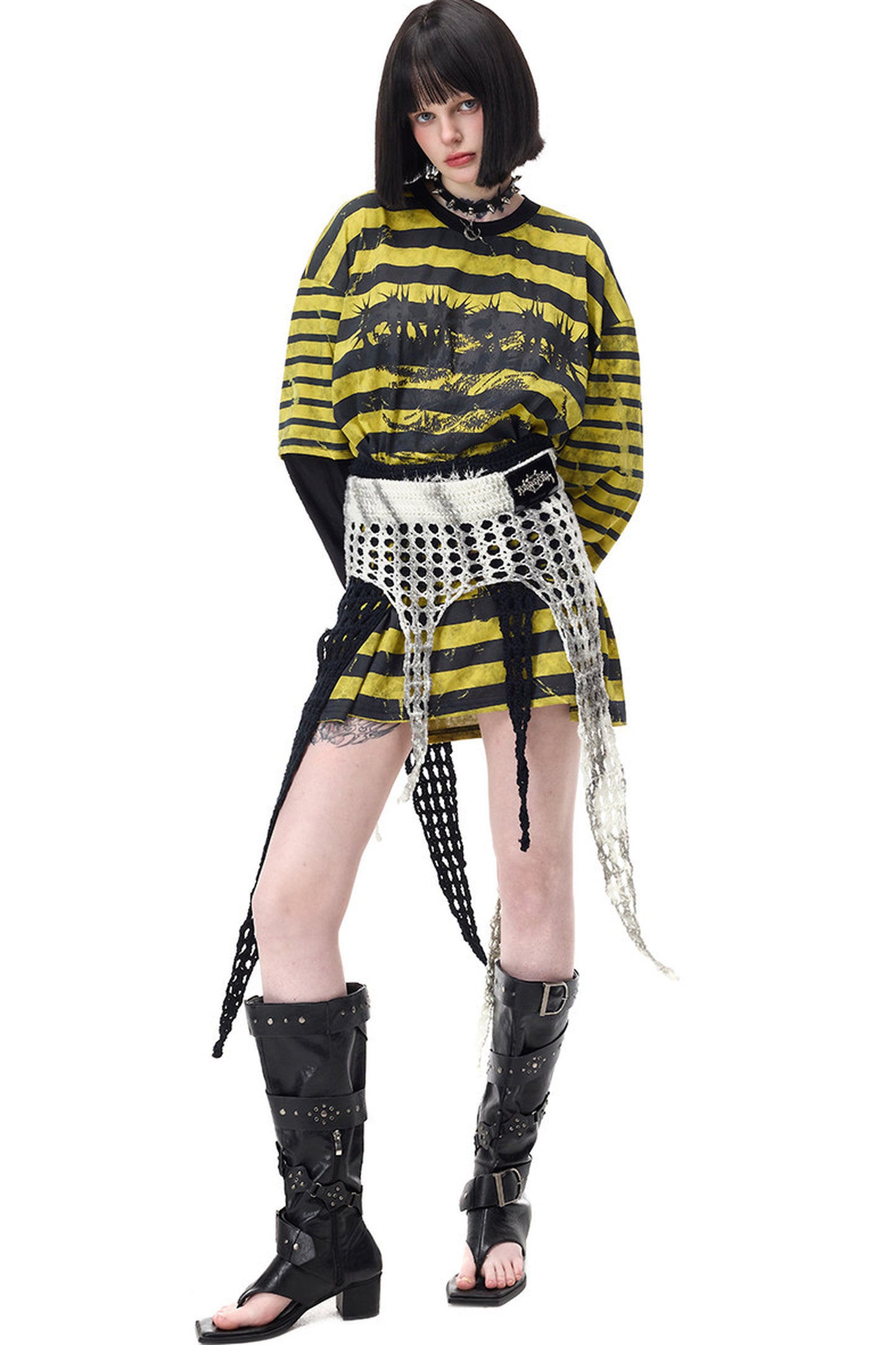 Punk Burnt Floral Cut-Out Striped Raglan Blouse
