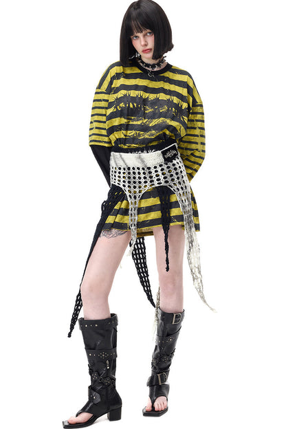 Punk Burnt Floral Cut-Out Striped Raglan Blouse
