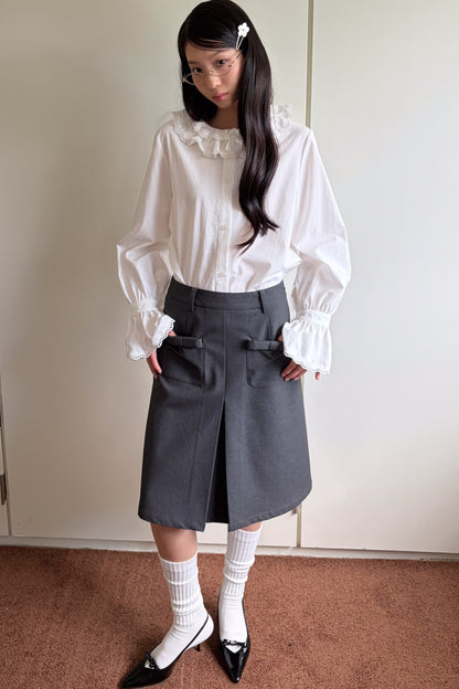 Gray Woolen Bow Pocket Skirt
