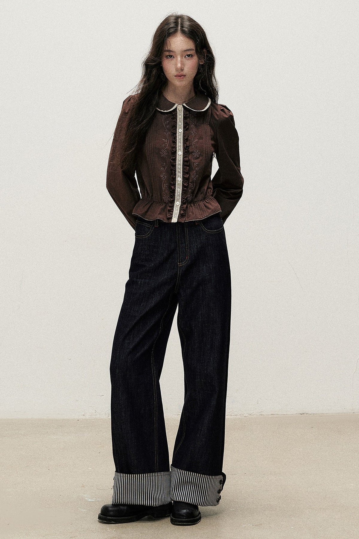 Brown Cotton Linen Lace Trim Shirt