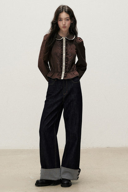 Brown Cotton Linen Lace Trim Shirt