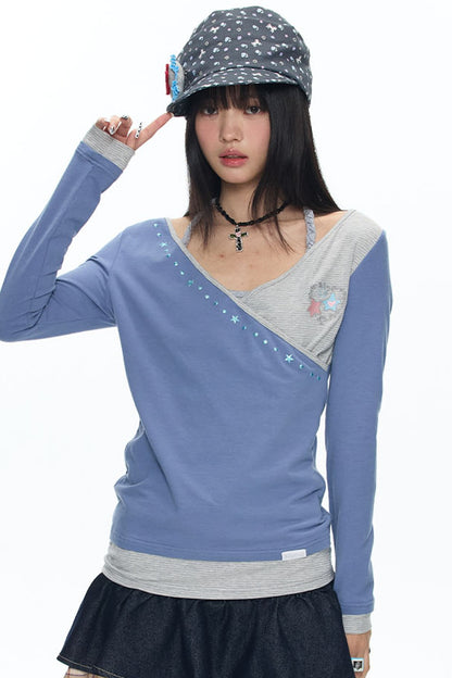 Diagonal Placket Layered-Look T-Shirt