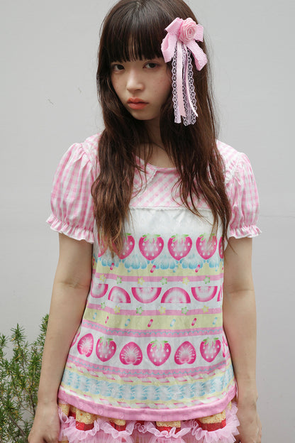 Strawberry Lime Clover Print Cotton T-Shirt