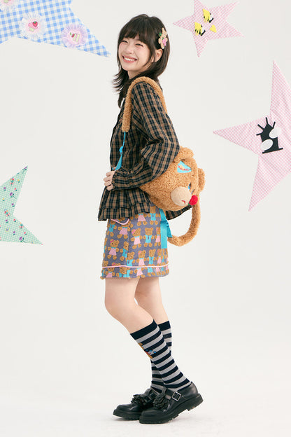Brown Plaid Doll Collar Cotton Shirt