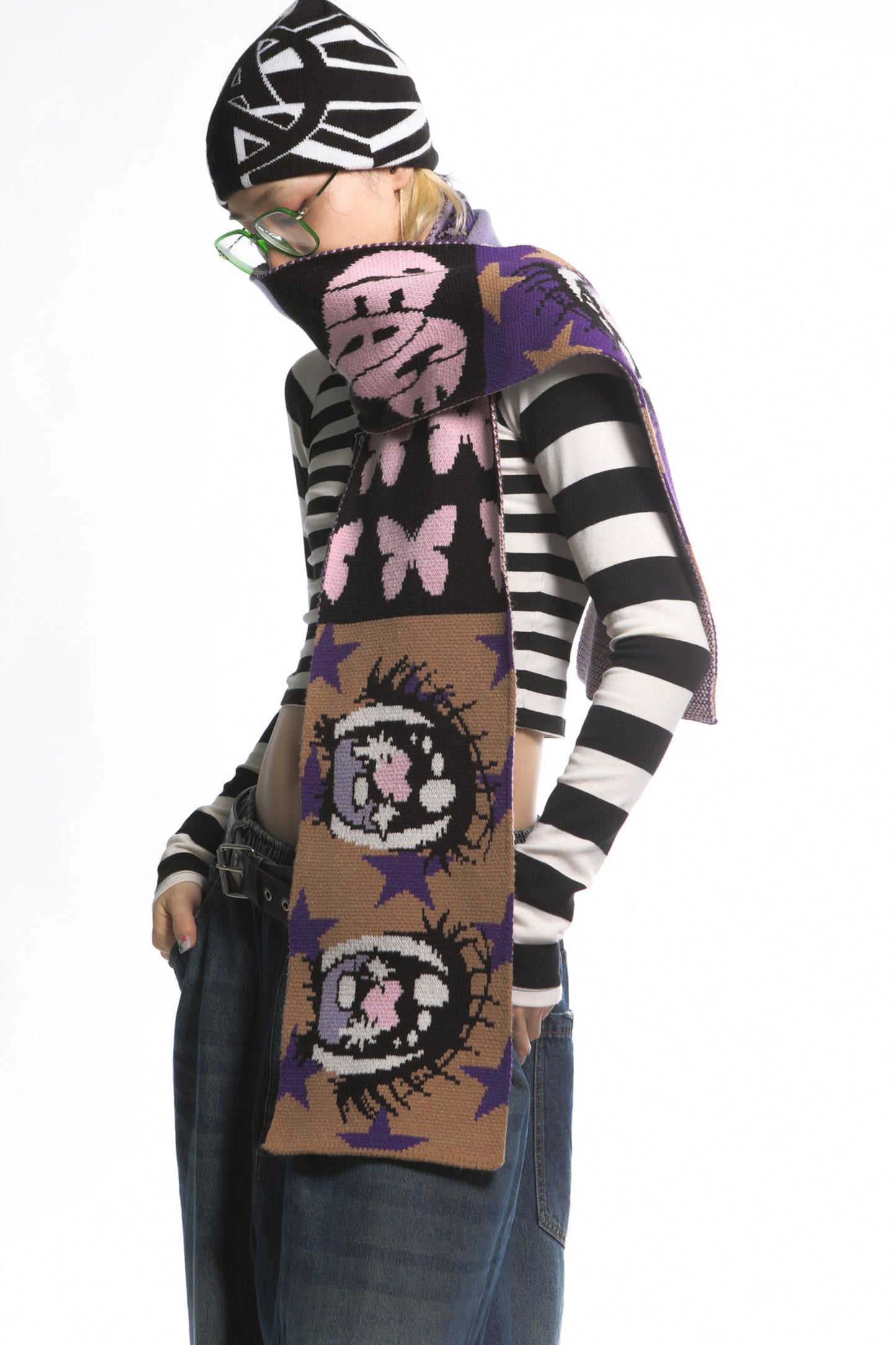 Comic Eye Knitted Long Scarf Set-Up