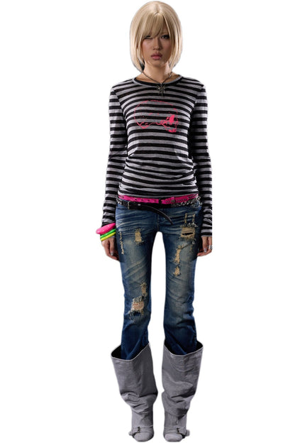 Distressed Cross-Studded Flared Jeans