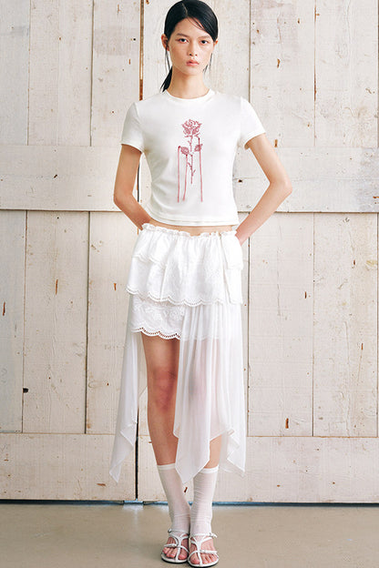 Rose Embroidery Slim Fit Short Sleeve T-Shirt
