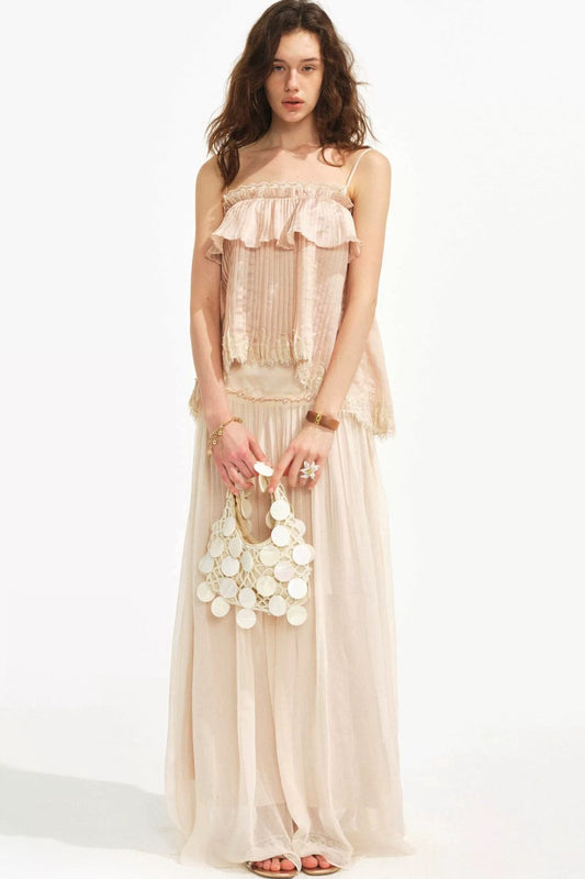 Retro Pleated Lace Pearl Skirt Set-Up