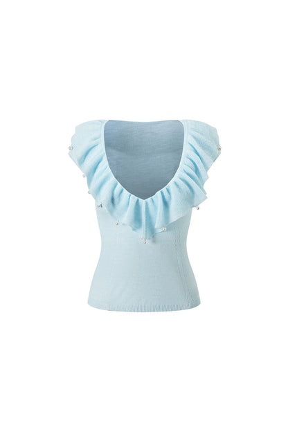 Retro Ruffle V-Neck Linen Knit Top set-Up