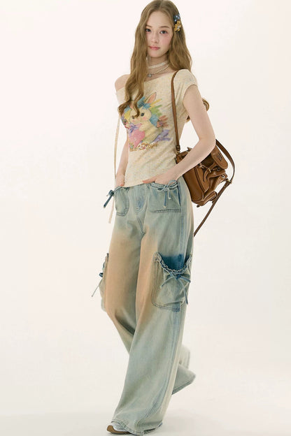 Rainbow Rabbit Knitted Off-Shoulder T-Shirt