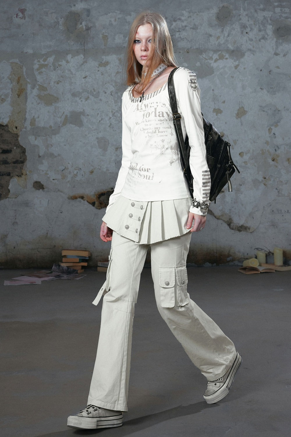 Pleated Skirt Panel Straight-Leg Flared Workwear Pants