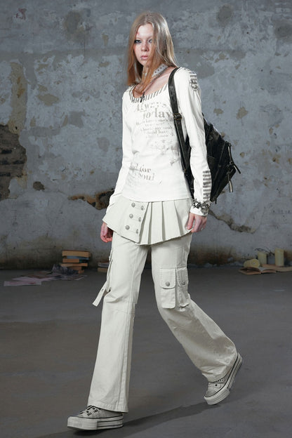Pleated Skirt Panel Straight-Leg Flared Workwear Pants