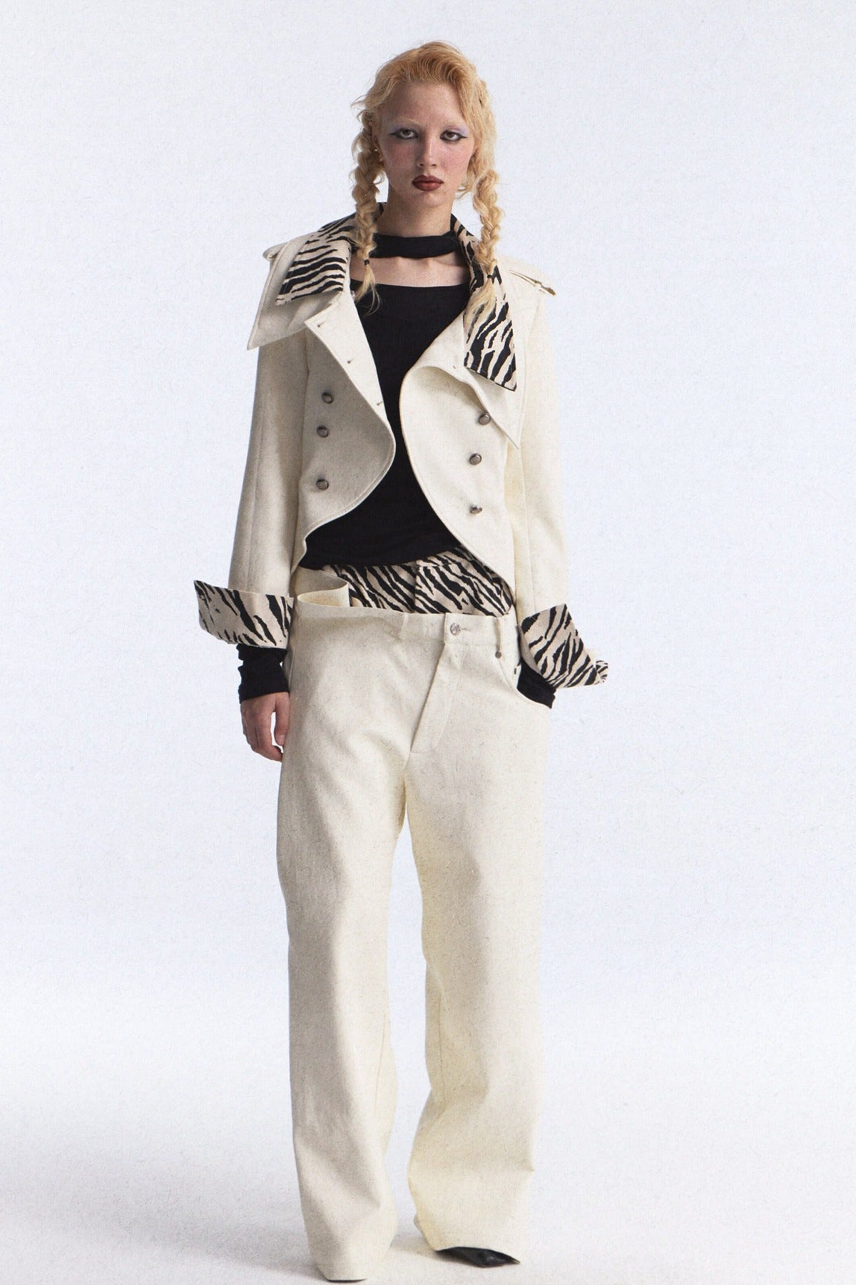 Zebra Print Double Waistband Wide-Leg Pants