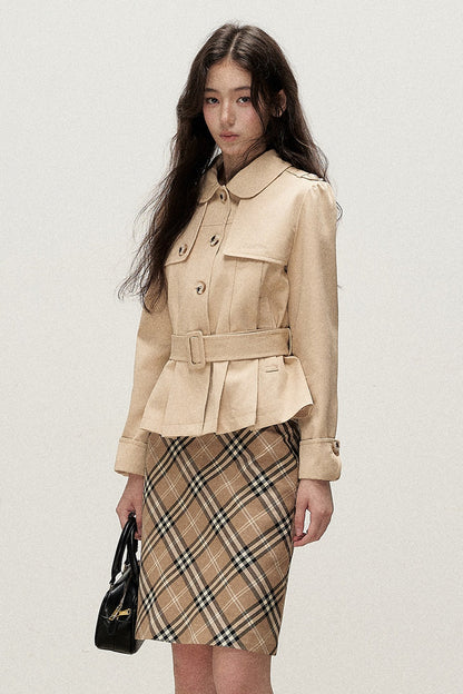 Cream Khaki Pleated A-Line Trench Coat