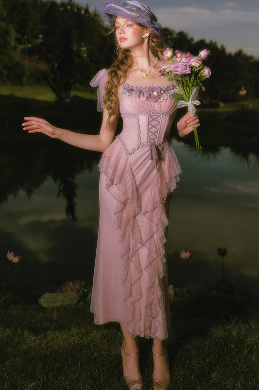 Ensemble robe et jupe en mesh à fleurs violettes et motif arête de poisson