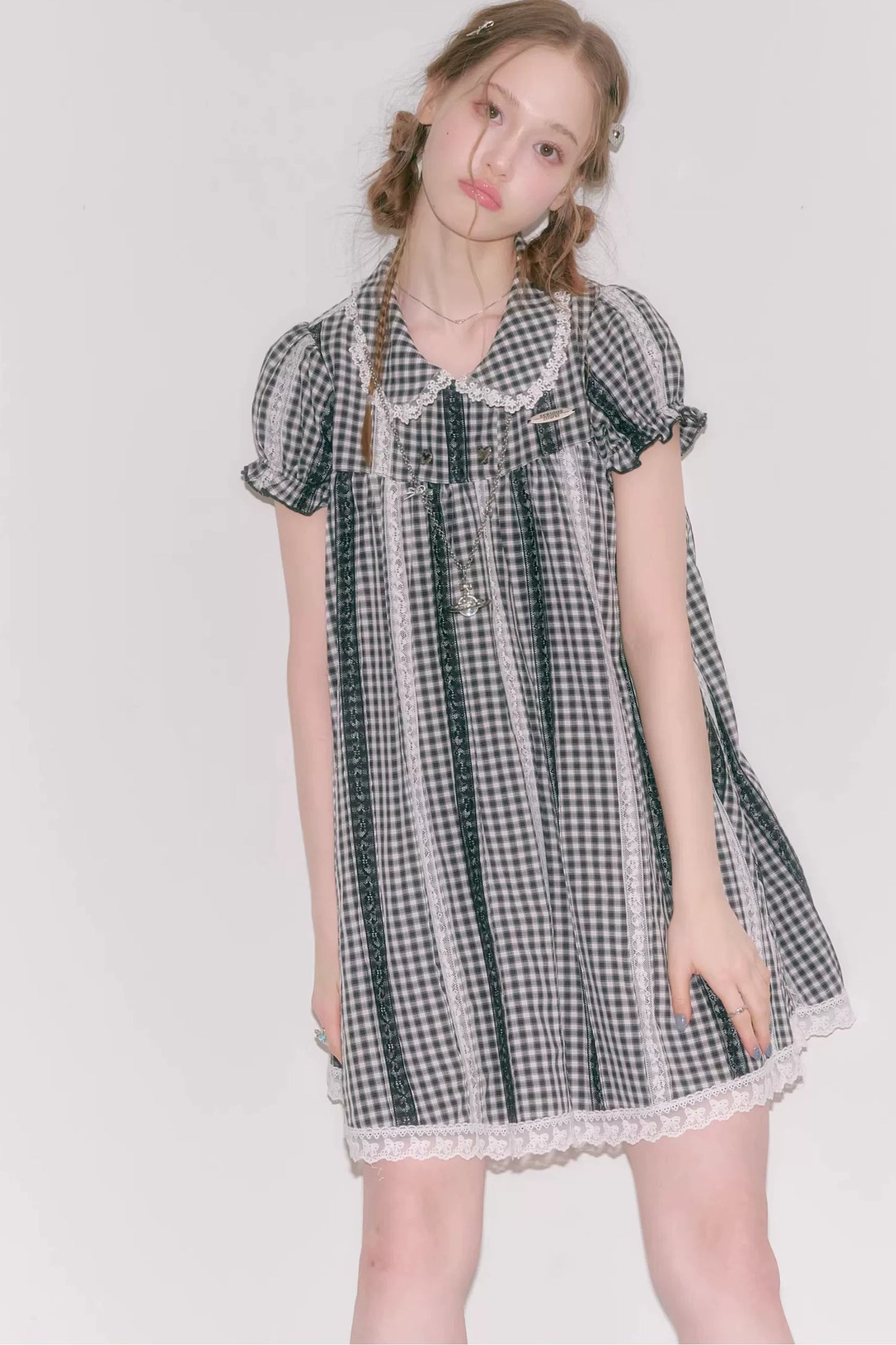 Retro Plaid Lace Puff Sleeve Dress
