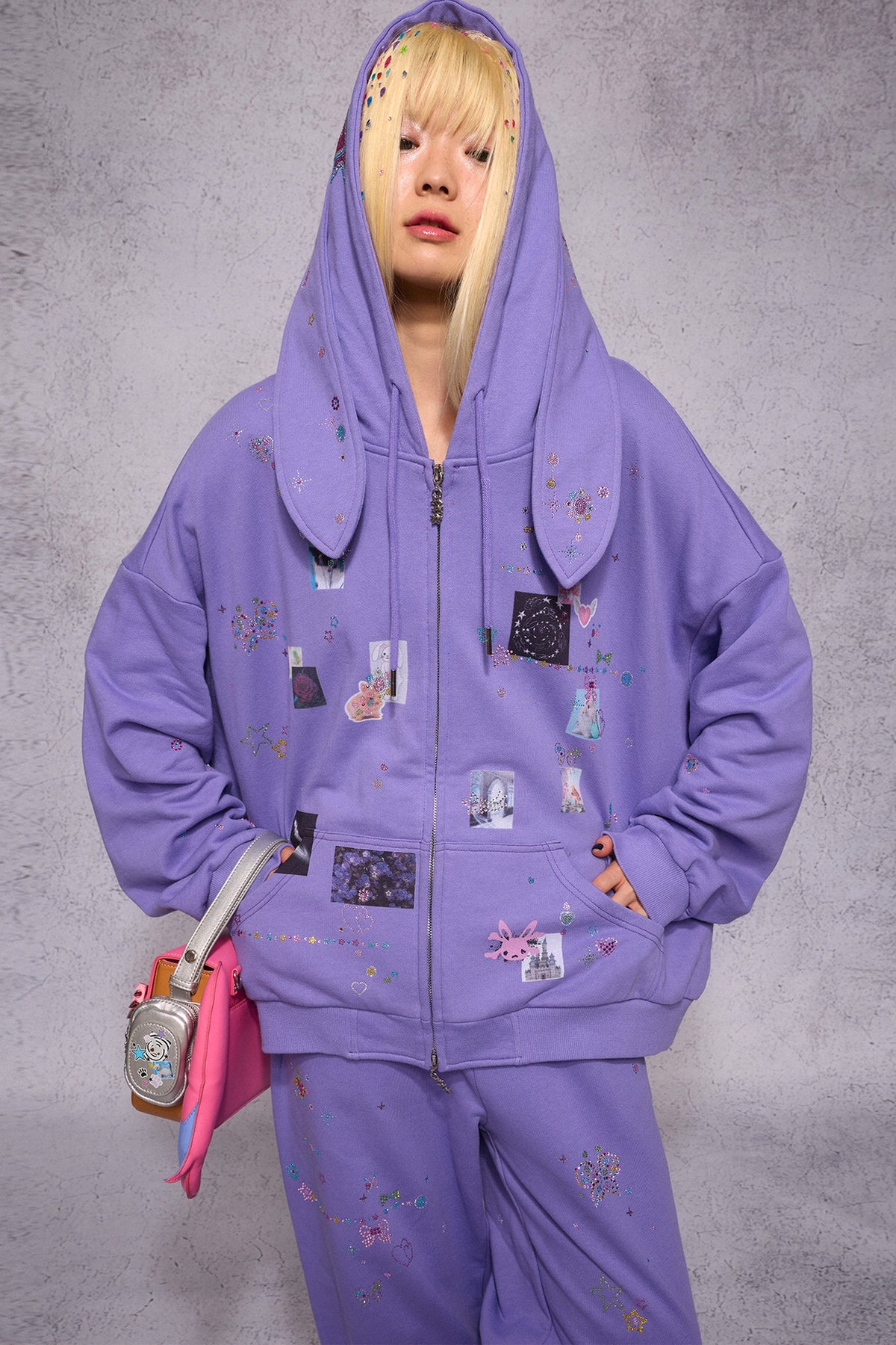Bunny Ear Rhinestone Sticker Sweat Jacket