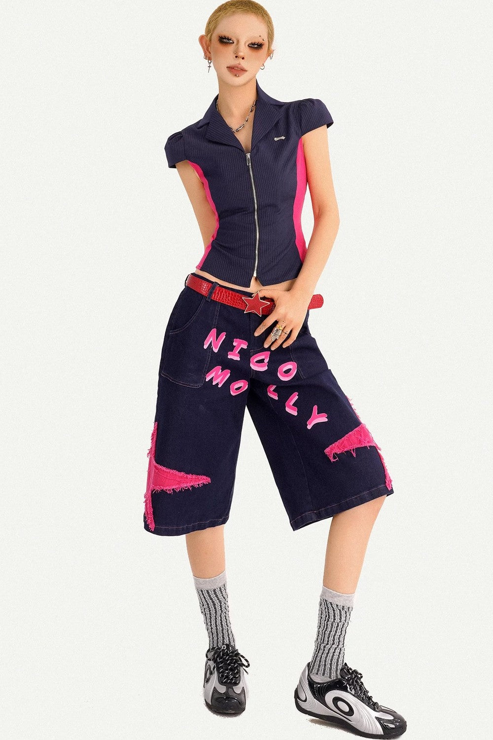V-Neck Patchwork Blouse Set-Up