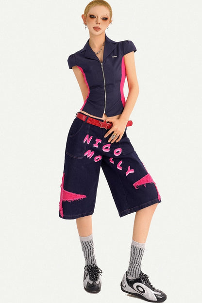 V-Neck Patchwork Blouse Set-Up