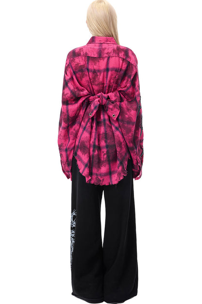 Distressed Pink Plaid Blouse