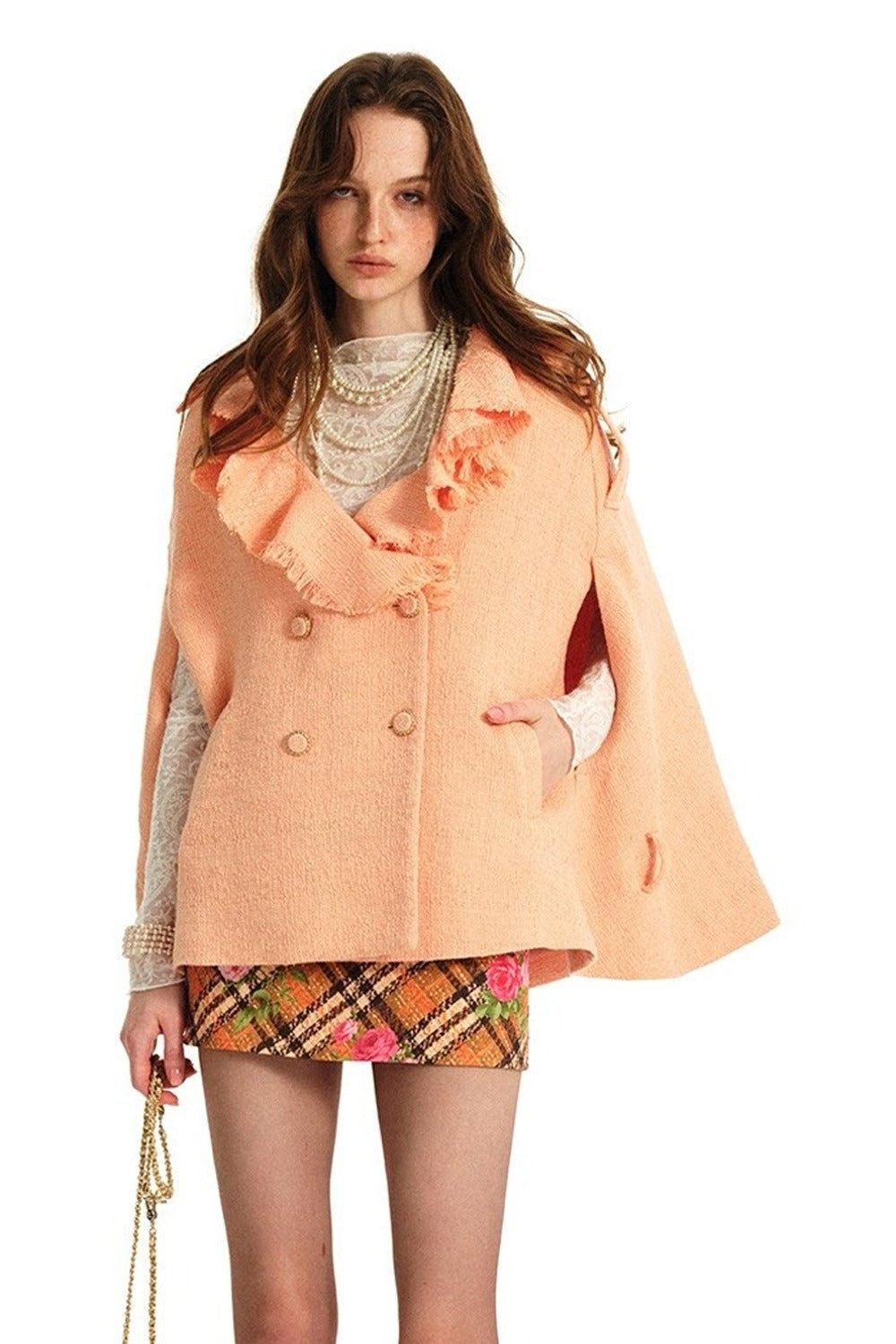 Vintage Peach Pink Woolen Ruffle Cape and Skirt Set-Up
