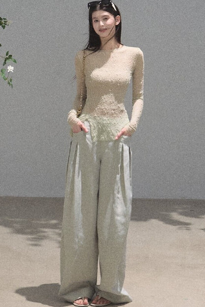 Goldene weite Seiden-Leinen-Hose