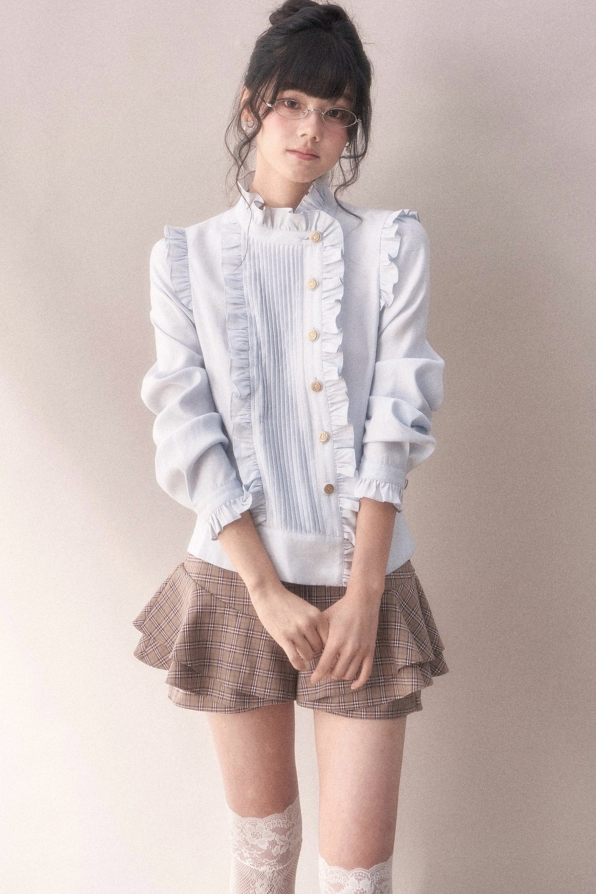 Pleated Lace Ruffle Asymmetrical Long-Sleeved Shirt