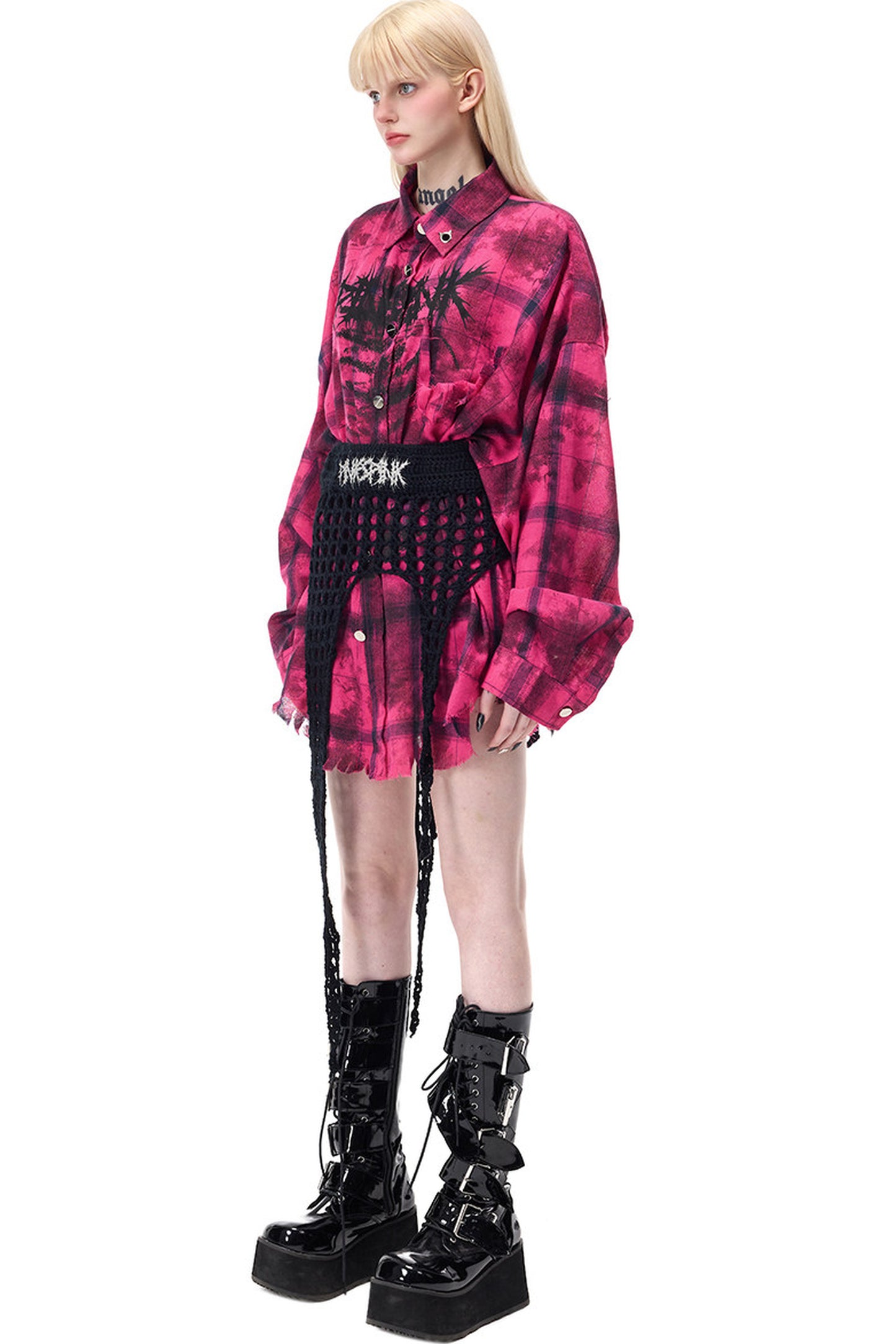 Distressed Pink Plaid Blouse