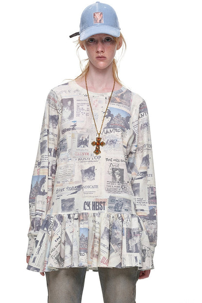 Cat Newspaper Print Waffle Long Sleeve Dress