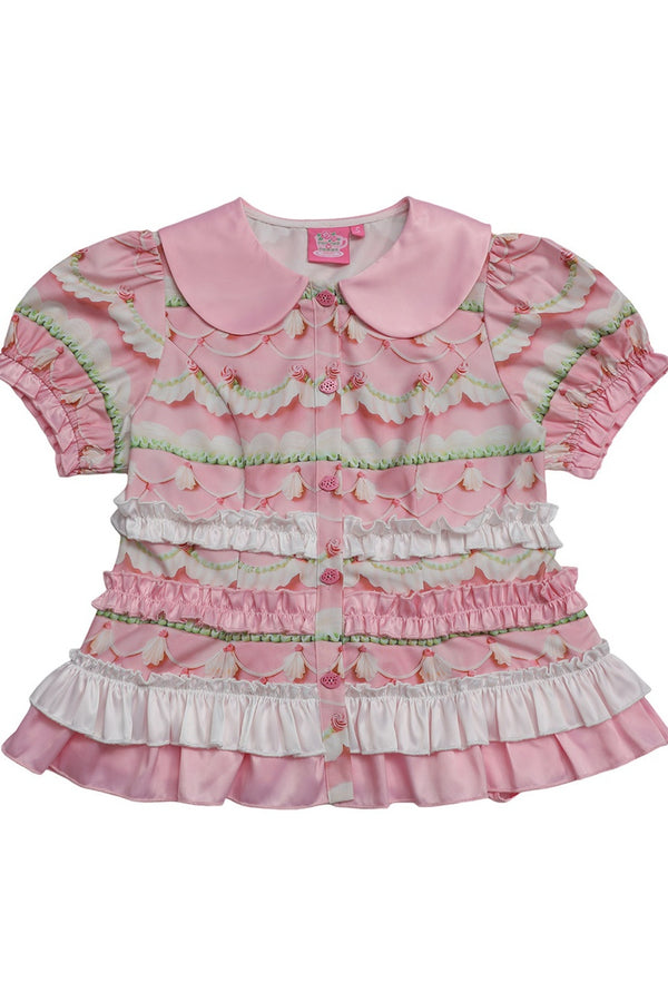 Rose Print Bubble Sleeve Blouse and Cake Skirt Set