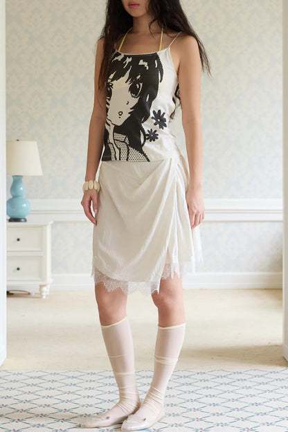Asymmetrical Pleated A-Line Lace Trim Skirt