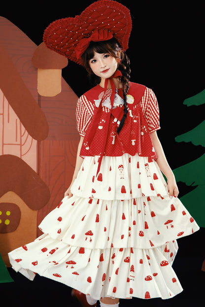 Red Mushroom Print Layered-Look Suspender Dress